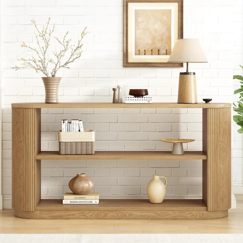 Slim Console Table with Fluted Wood Veneer and 3-Tier Open Shelves
