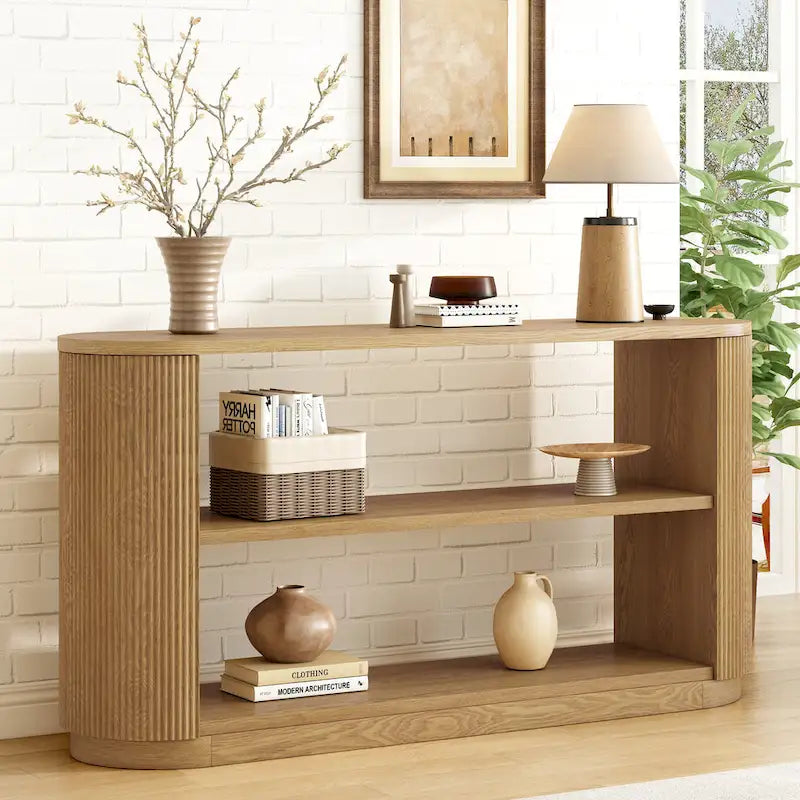 Slim Console Table with Fluted Wood Veneer and 3-Tier Open Shelves