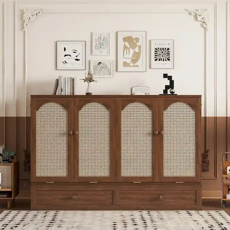 Queen Murphy Cabinet Bed with Rattan Panel, Charging Station & Drawer