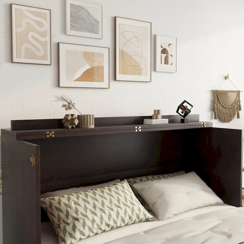 Queen Murphy Cabinet Bed with Rattan Panel, Charging Station & Drawer
