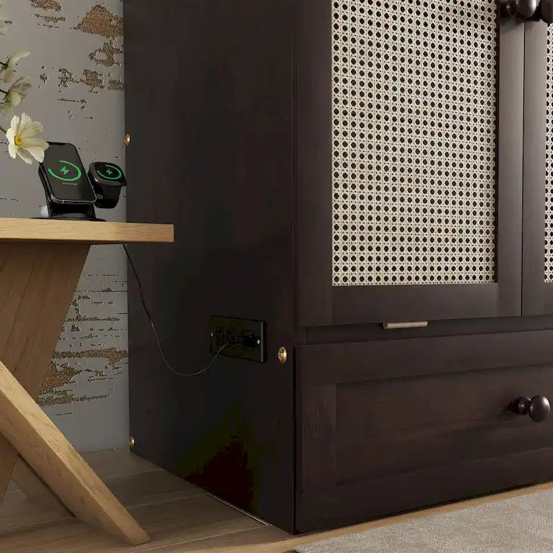 Queen Murphy Cabinet Bed with Rattan Panel, Charging Station & Drawer