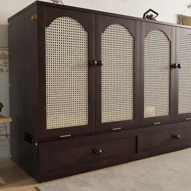 Queen Murphy Cabinet Bed with Rattan Panel, Charging Station & Drawer