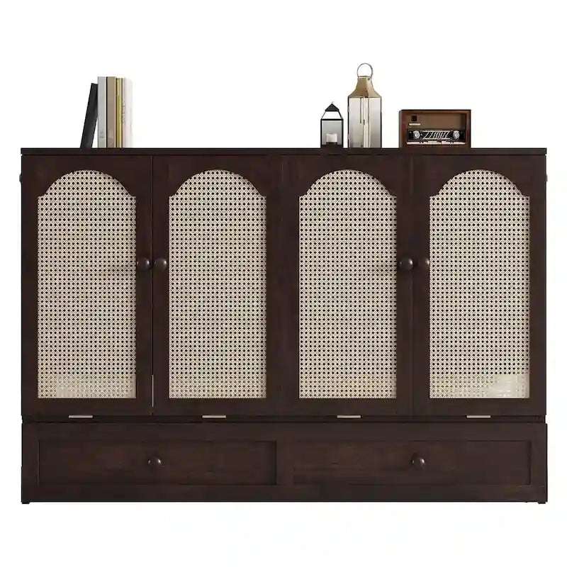Queen Murphy Cabinet Bed with Rattan Panel, Charging Station & Drawer
