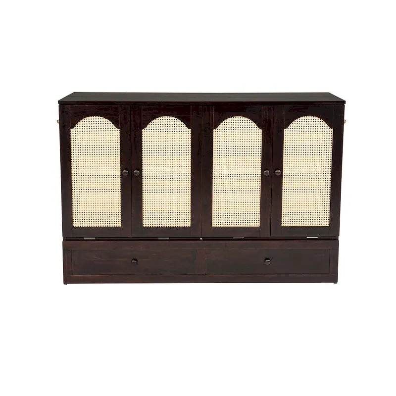 Queen Murphy Cabinet Bed with Rattan Panel, Charging Station & Drawer