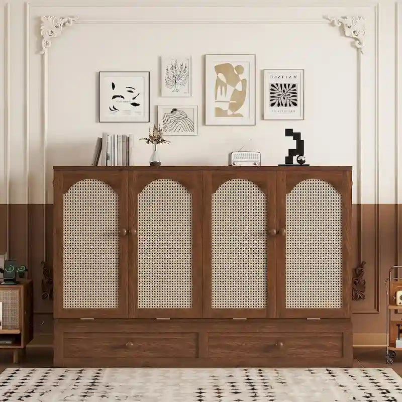 Queen Murphy Cabinet Bed with Rattan Panel, Charging Station & Drawer