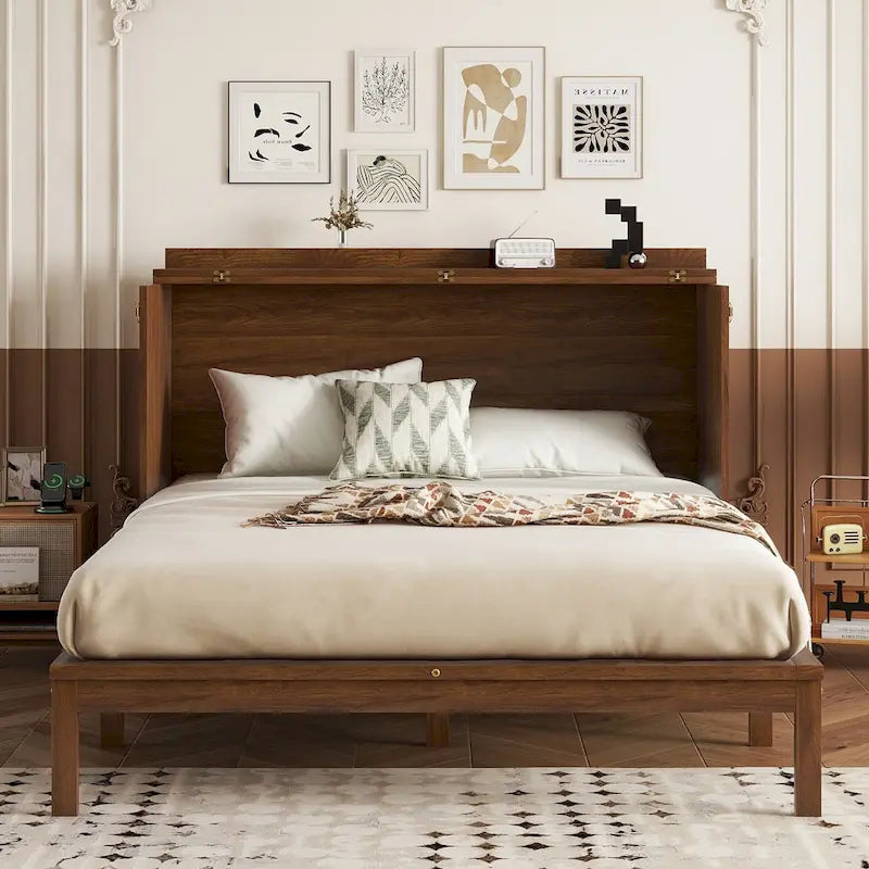 Queen Murphy Cabinet Bed with Rattan Panel, Charging Station & Drawer