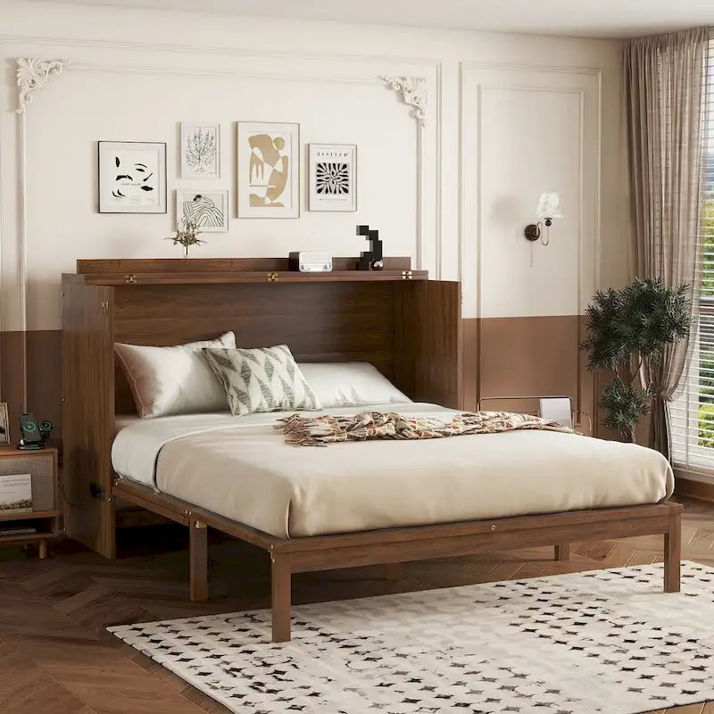 Queen Murphy Cabinet Bed with Rattan Panel, Charging Station & Drawer