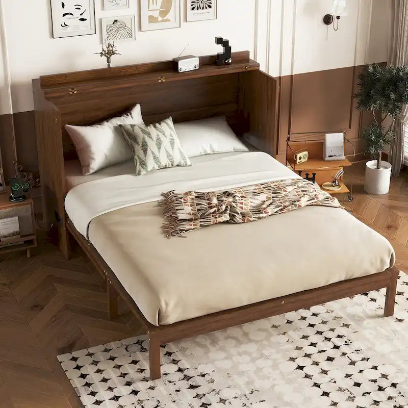 Queen Murphy Cabinet Bed with Rattan Panel, Charging Station & Drawer