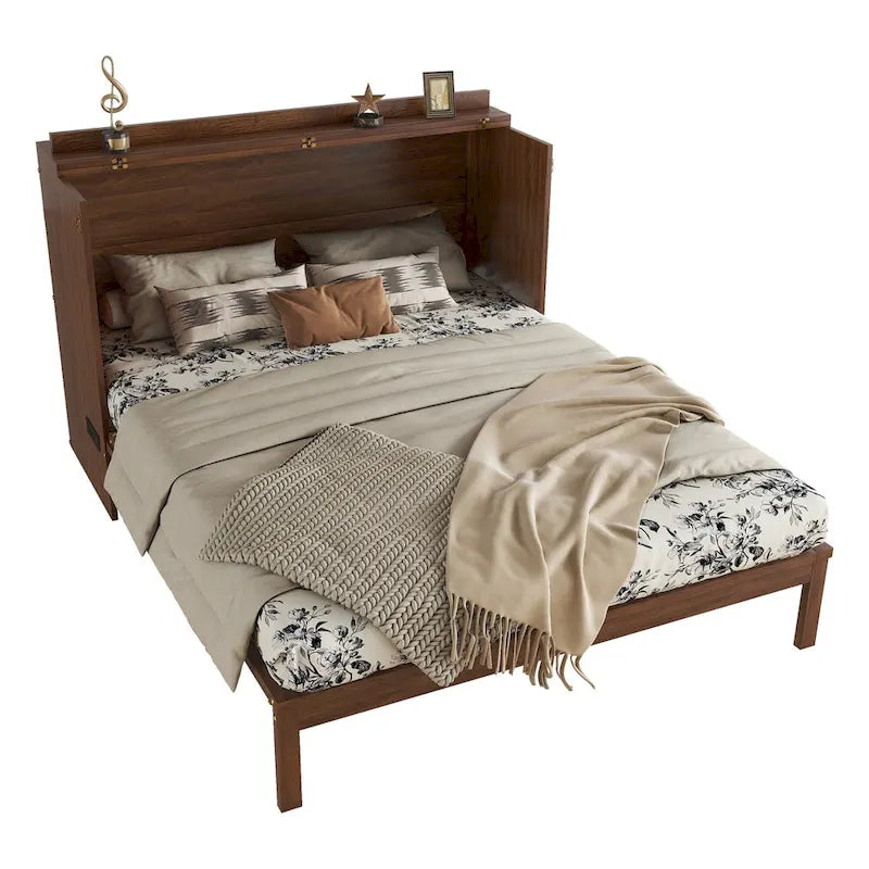 Queen Murphy Cabinet Bed with Rattan Panel, Charging Station & Drawer