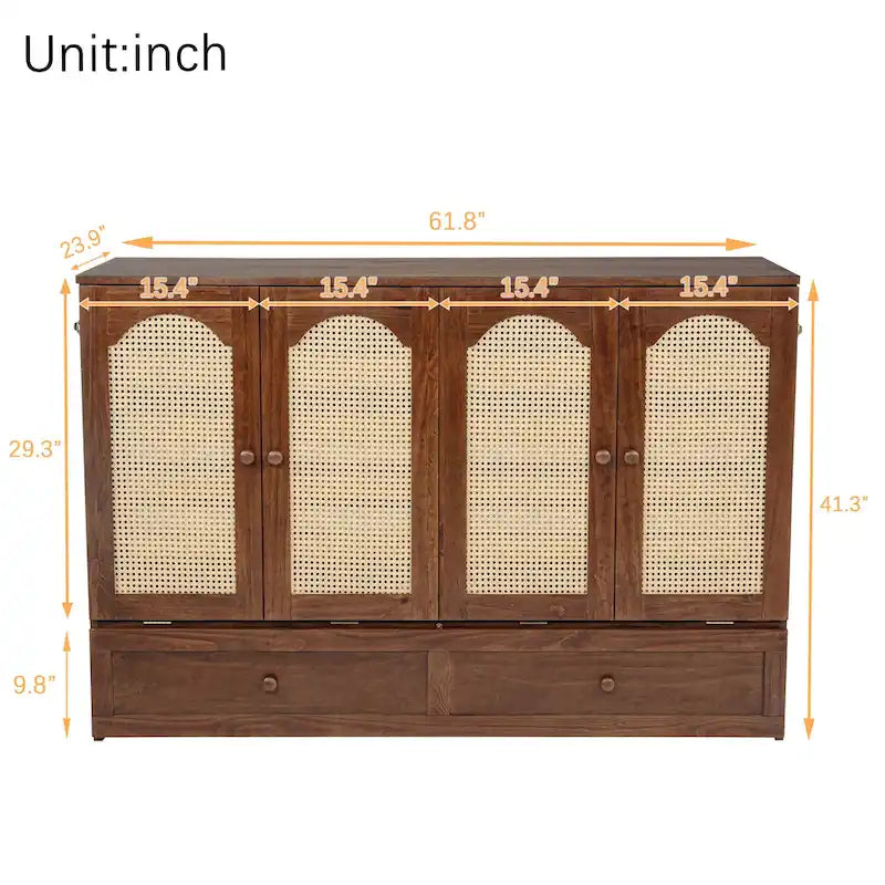 Queen Murphy Cabinet Bed with Rattan Panel, Charging Station & Drawer