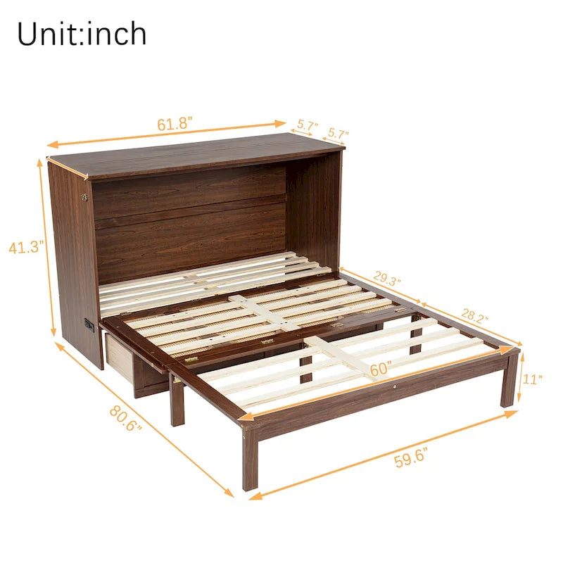 Queen Murphy Cabinet Bed with Rattan Panel, Charging Station & Drawer