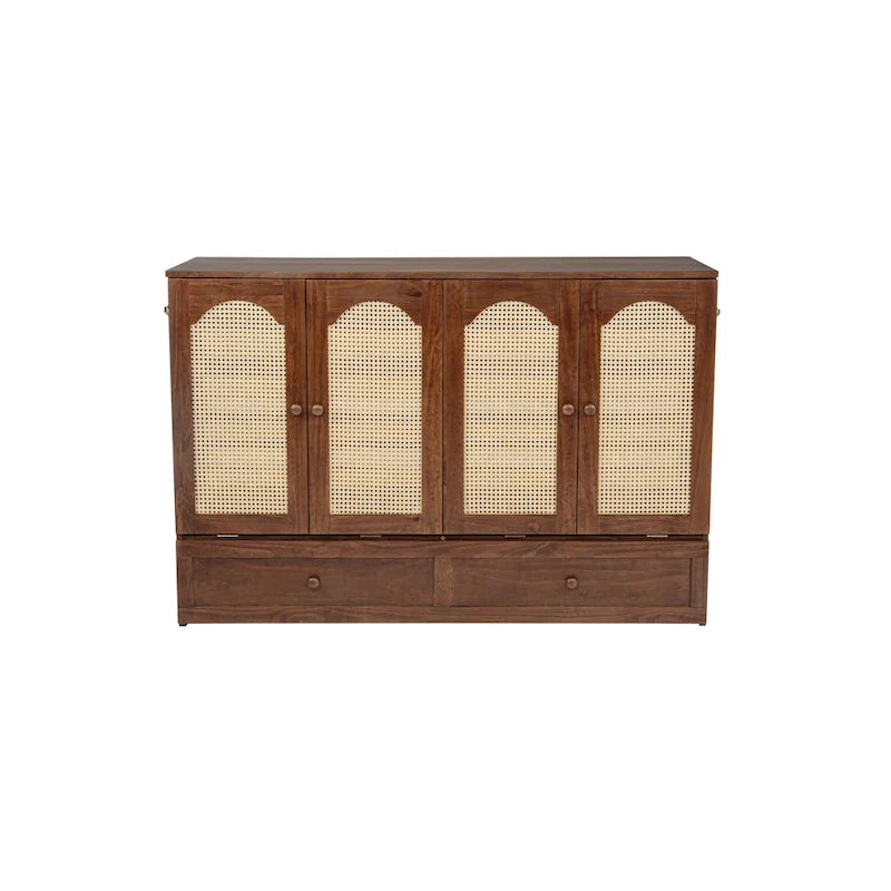 Queen Murphy Cabinet Bed with Rattan Panel, Charging Station & Drawer