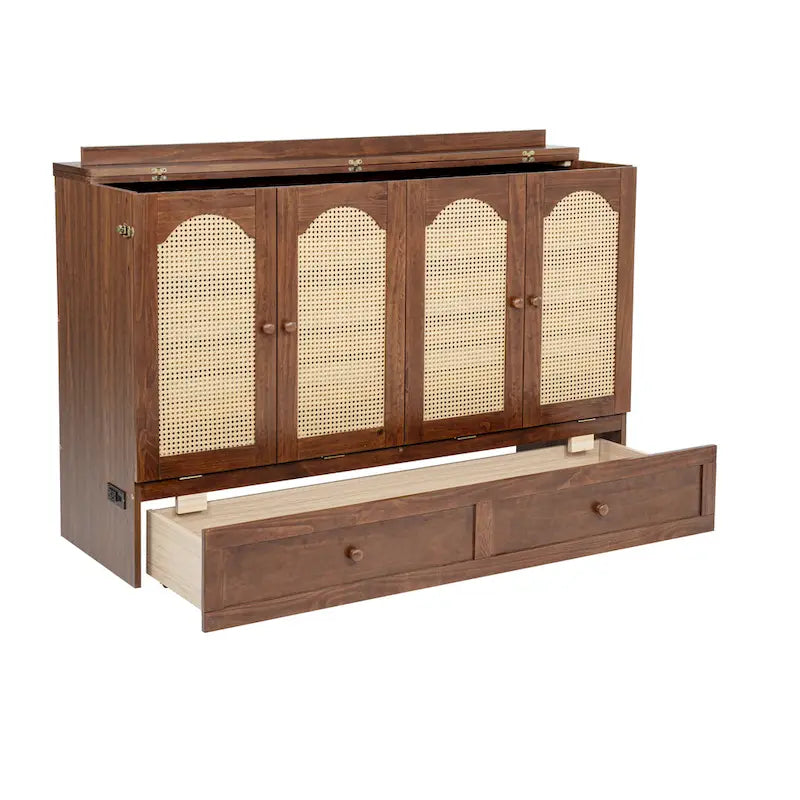 Queen Murphy Cabinet Bed with Rattan Panel, Charging Station & Drawer
