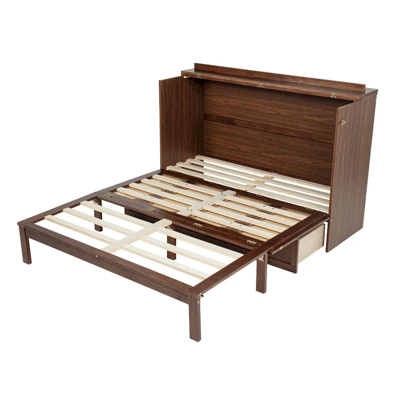 Queen Murphy Cabinet Bed with Rattan Panel, Charging Station & Drawer