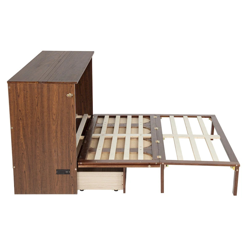 Queen Murphy Cabinet Bed with Rattan Panel, Charging Station & Drawer