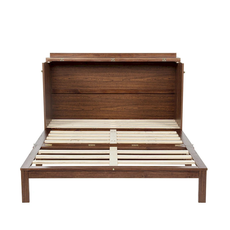 Queen Murphy Cabinet Bed with Rattan Panel, Charging Station & Drawer