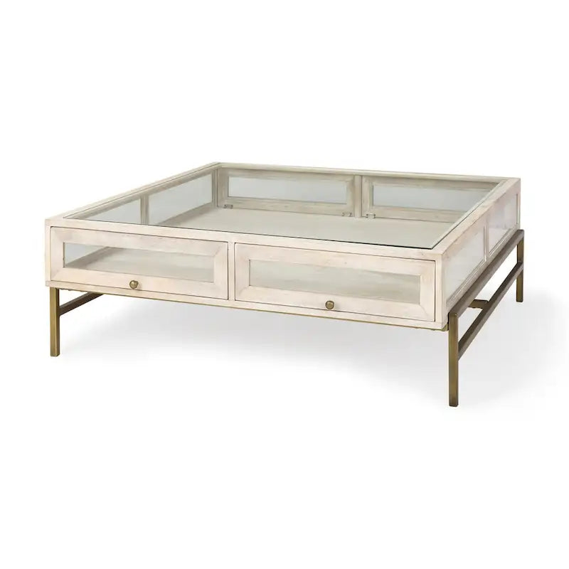 Rustic Shadowbox Storage Coffee Table with Glass Top & Gold Iron Frame