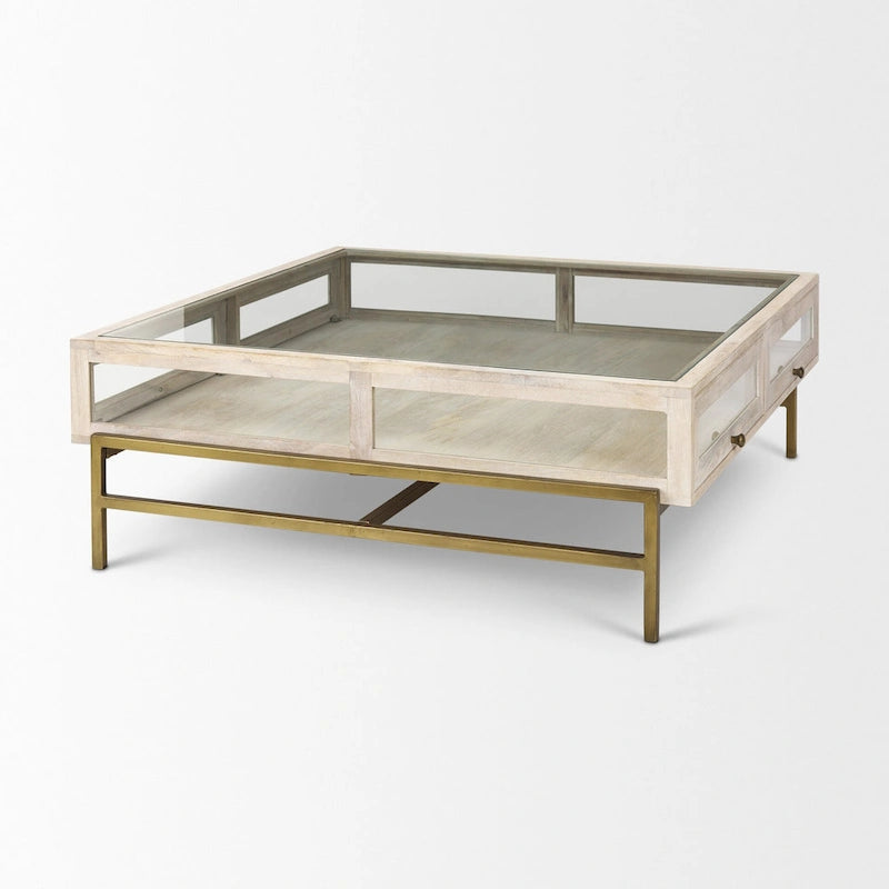 Rustikaler Shadowbox-Aufbewahrungscouchtisch mit Glasplatte und goldenem Eisengestell