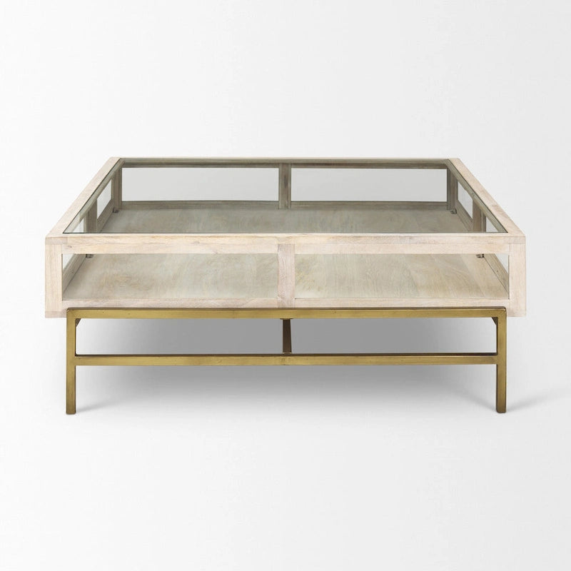 Rustic Shadowbox Storage Coffee Table with Glass Top & Gold Iron Frame