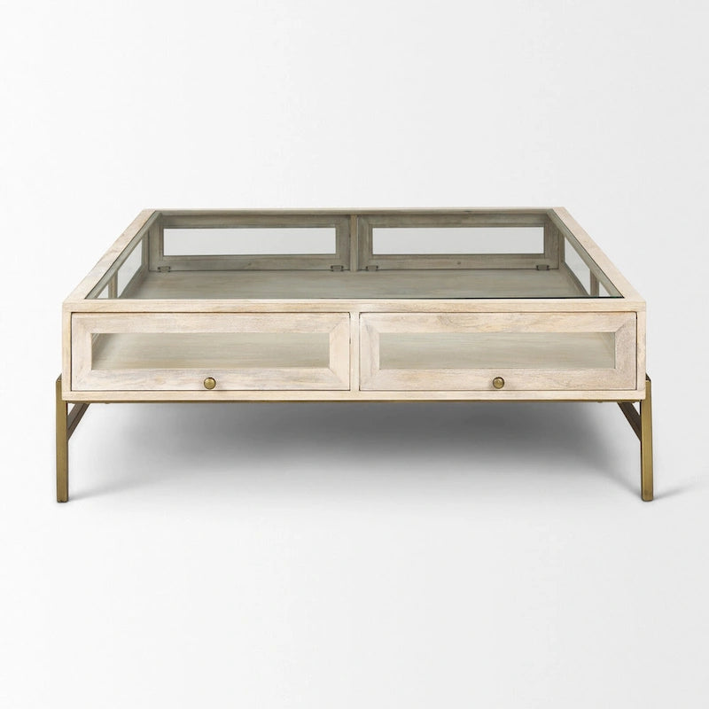 Rustic Shadowbox Storage Coffee Table with Glass Top & Gold Iron Frame
