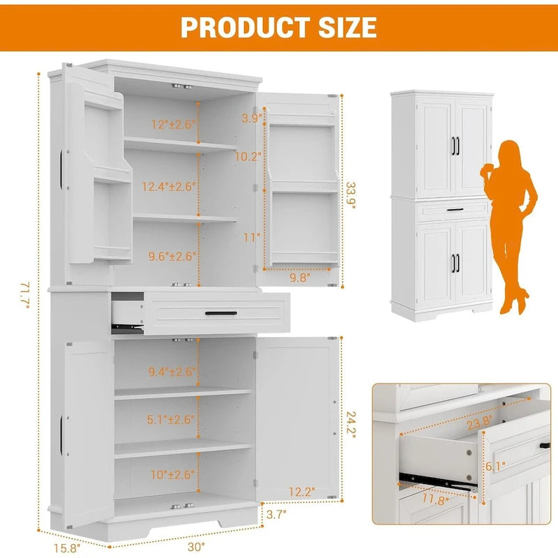 72" Freestanding Kitchen Pantry Cabinet with Adjustable Shelves and Drawer