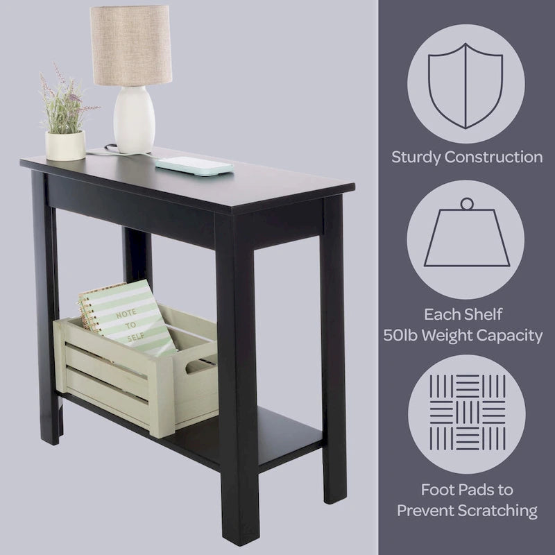 Tavolino laterale stretto con stazione di ricarica integrata e ripiano aperto