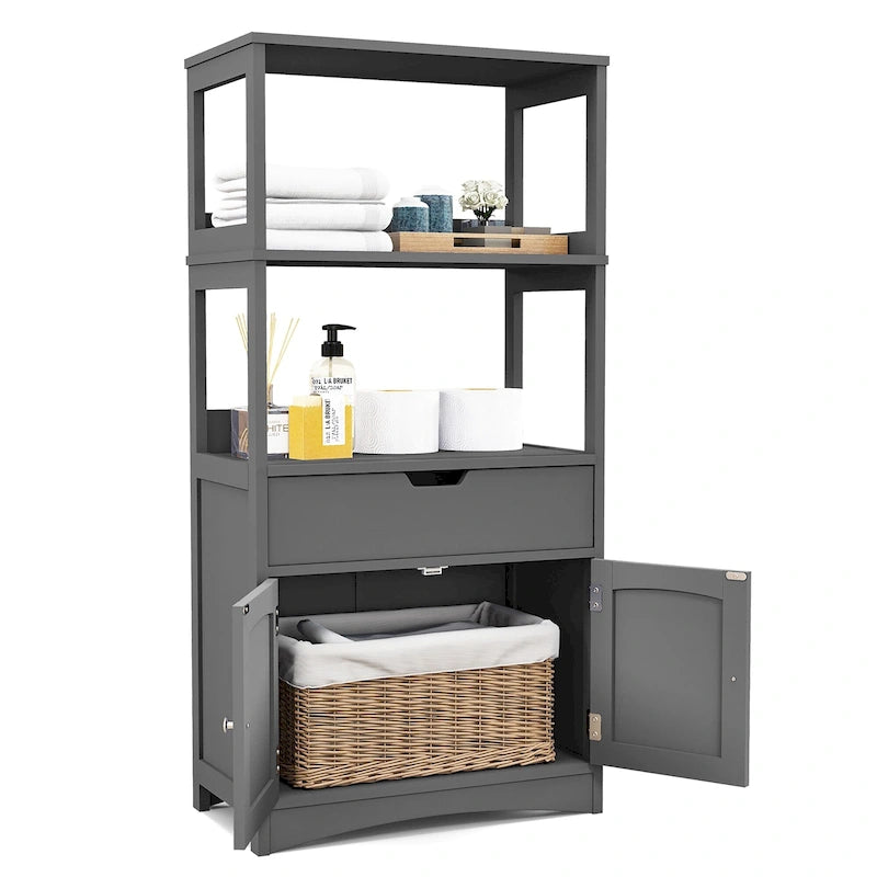 Bathroom Floor Storage Cabinet with Drawer and Open Shelves
