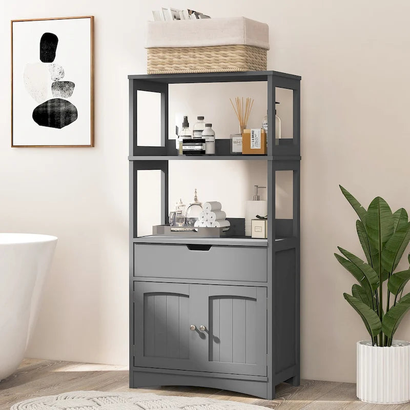 Gabinete de almacenamiento para el piso del baño con cajón y estantes abiertos
