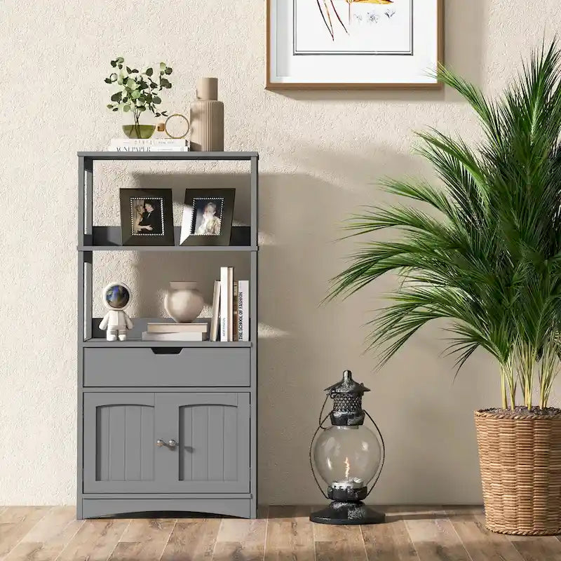 Gabinete de almacenamiento para el piso del baño con cajón y estantes abiertos