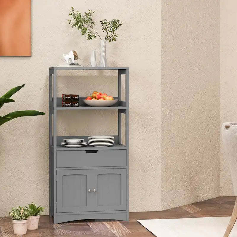 Gabinete de almacenamiento para el piso del baño con cajón y estantes abiertos