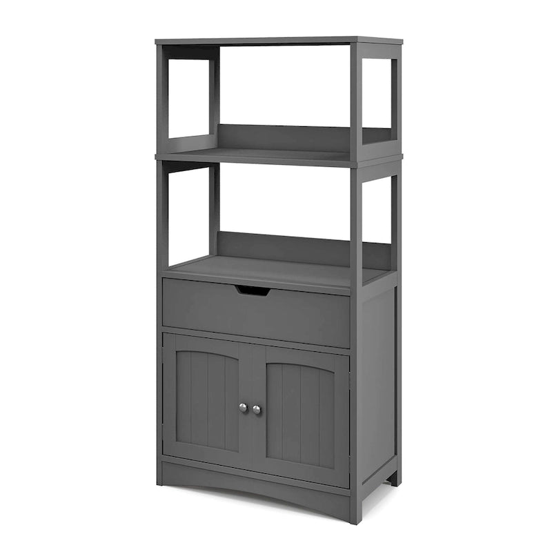 Gabinete de almacenamiento para el piso del baño con cajón y estantes abiertos