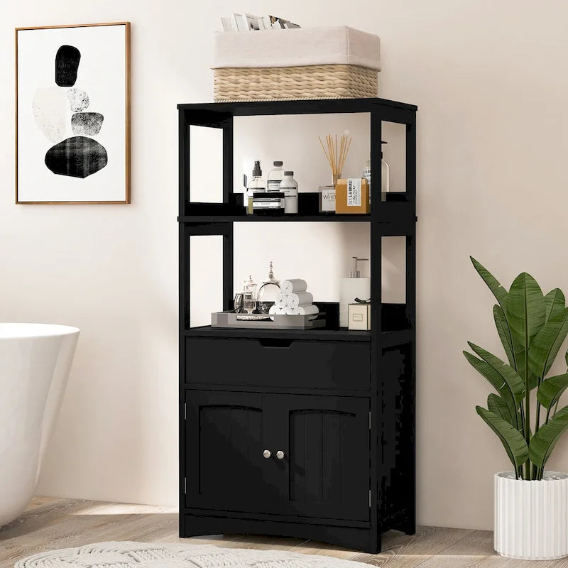 Gabinete de almacenamiento para el piso del baño con cajón y estantes abiertos