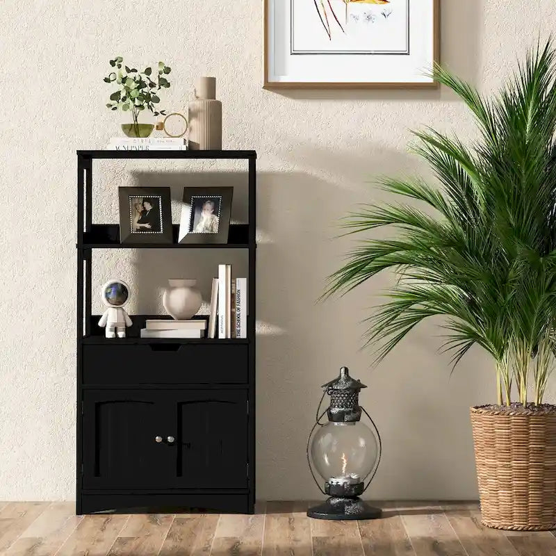 Gabinete de almacenamiento para el piso del baño con cajón y estantes abiertos