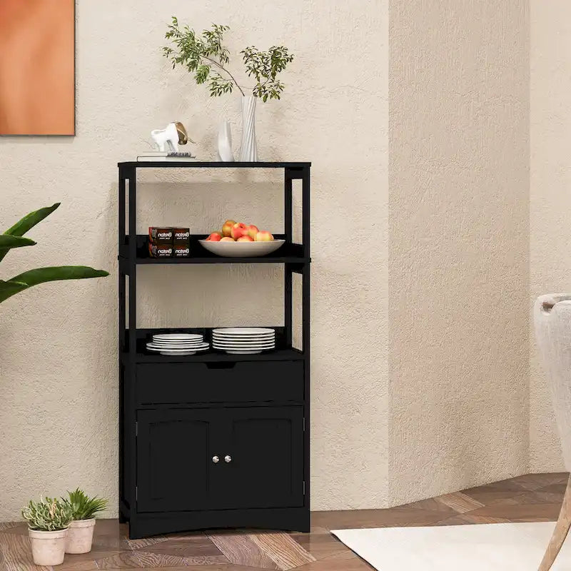 Gabinete de almacenamiento para el piso del baño con cajón y estantes abiertos