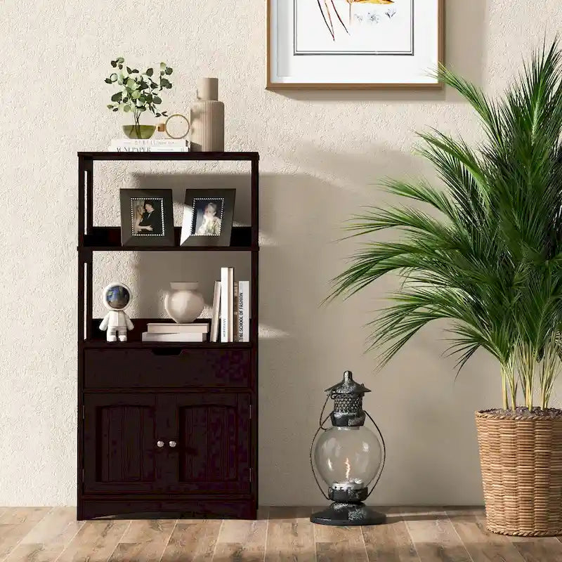 Gabinete de almacenamiento para el piso del baño con cajón y estantes abiertos