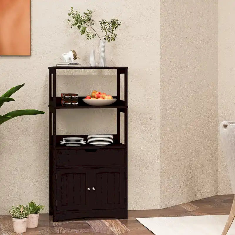 Gabinete de almacenamiento para el piso del baño con cajón y estantes abiertos