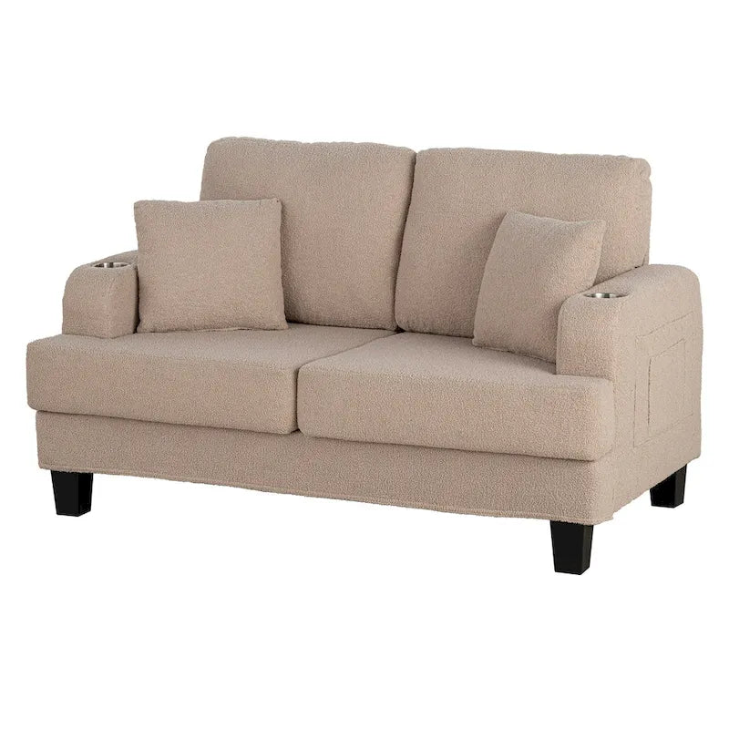 Sofá biplaza beige de 61" con portavasos, bolsillos laterales y almohadas decorativas