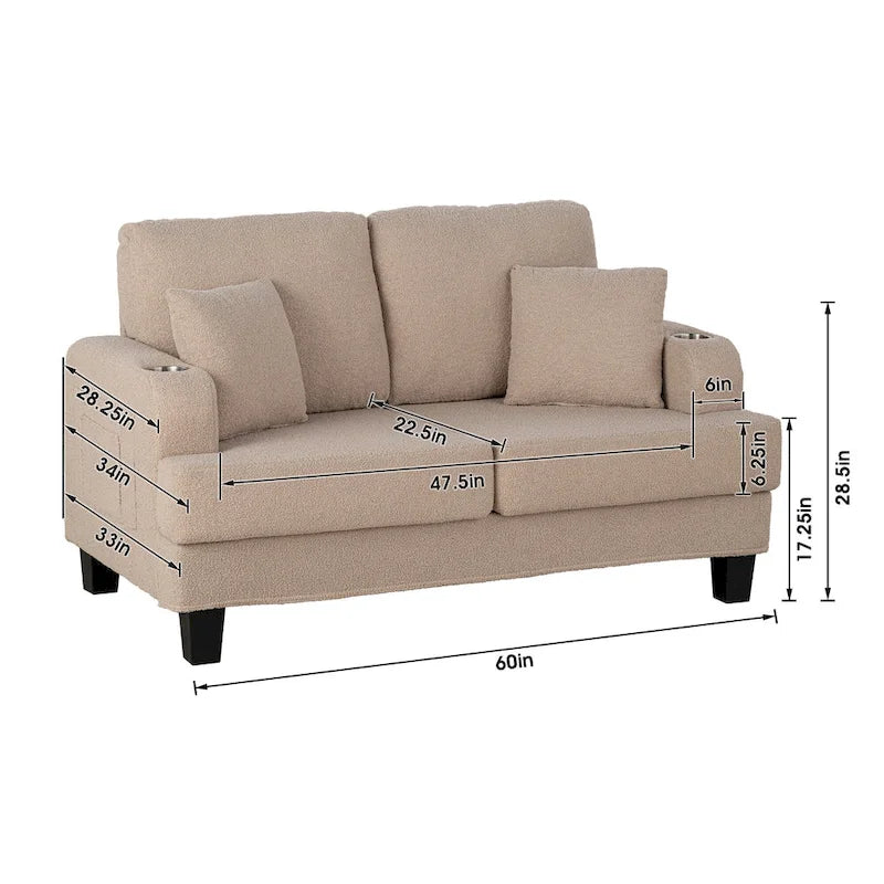 Sofá biplaza beige de 61" con portavasos, bolsillos laterales y almohadas decorativas