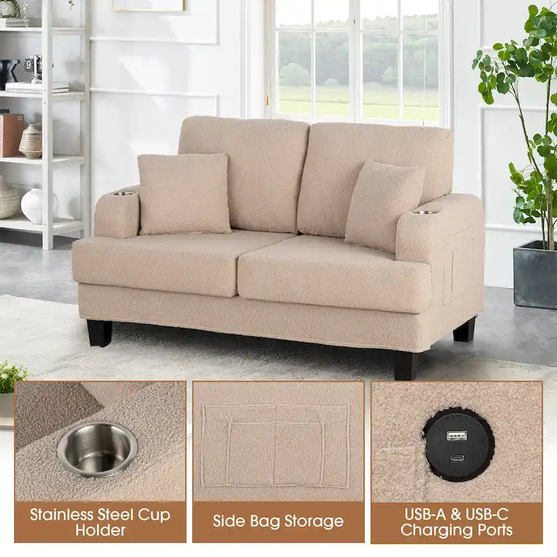 Sofá biplaza beige de 61" con portavasos, bolsillos laterales y almohadas decorativas