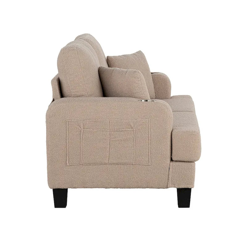 Sofá biplaza beige de 61" con portavasos, bolsillos laterales y almohadas decorativas