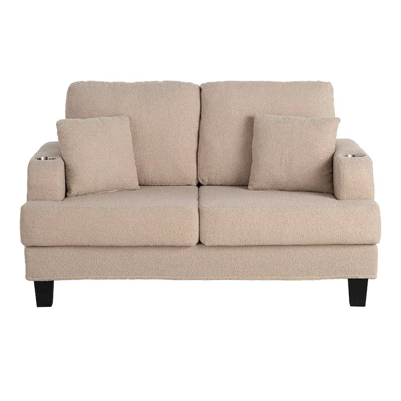 Sofá biplaza beige de 61" con portavasos, bolsillos laterales y almohadas decorativas