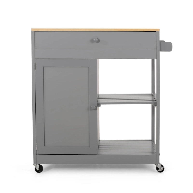 Rolling Kitchen Cart with Rubberwood Top, Drawer and Cabinet