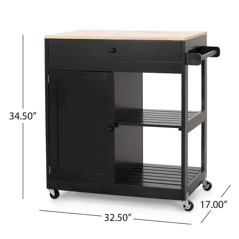 Rolling Kitchen Cart with Rubberwood Top, Drawer and Cabinet