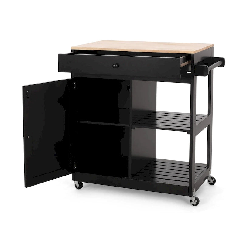 Rolling Kitchen Cart with Rubberwood Top, Drawer and Cabinet