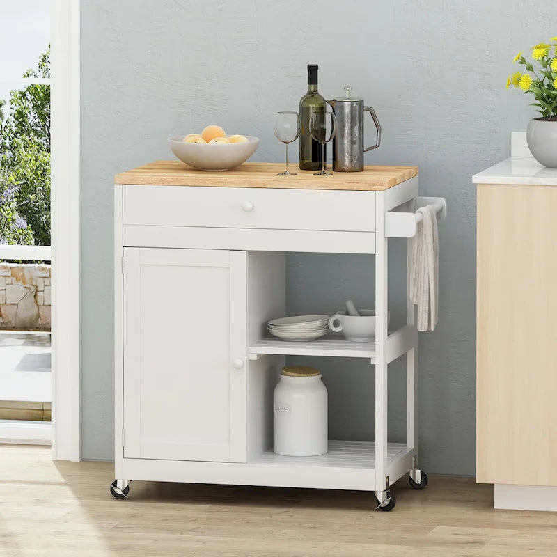 Rolling Kitchen Cart with Rubberwood Top, Drawer and Cabinet