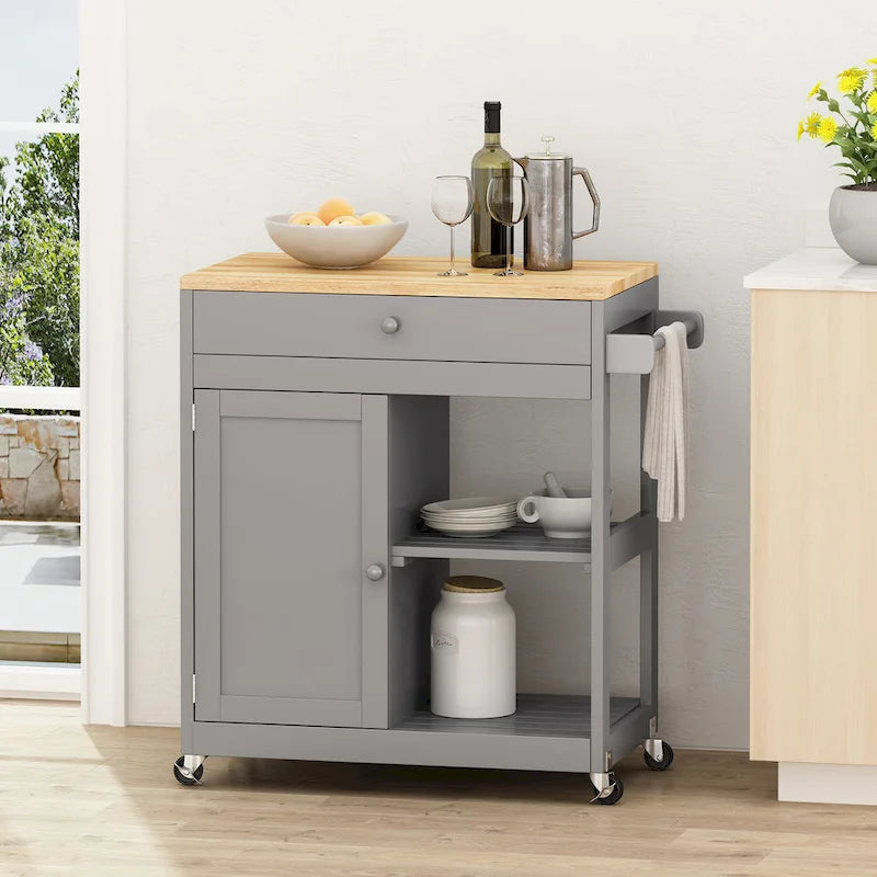 Rolling Kitchen Cart with Rubberwood Top, Drawer and Cabinet