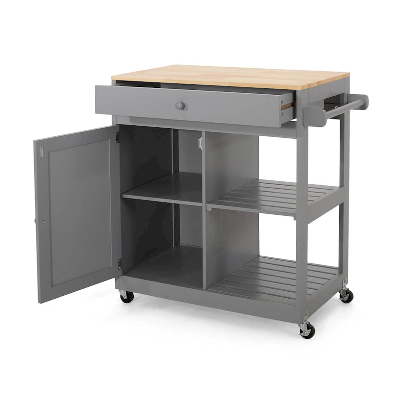 Rolling Kitchen Cart with Rubberwood Top, Drawer and Cabinet