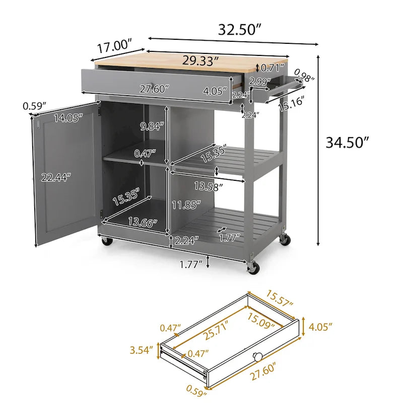 Rolling Kitchen Cart with Rubberwood Top, Drawer and Cabinet