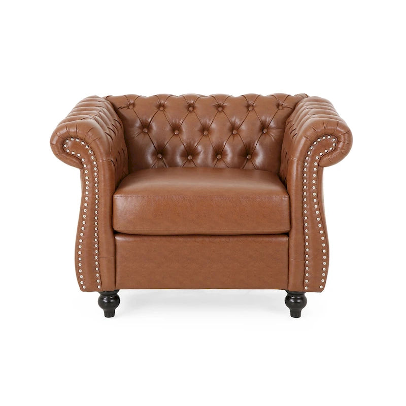 Sillón club de estilo Chesterfield con capitoné de botones, brazos enrollados y ribete de tachuelas