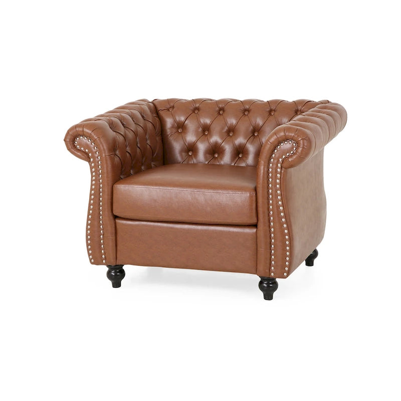 Sillón club de estilo Chesterfield con capitoné de botones, brazos enrollados y ribete de tachuelas